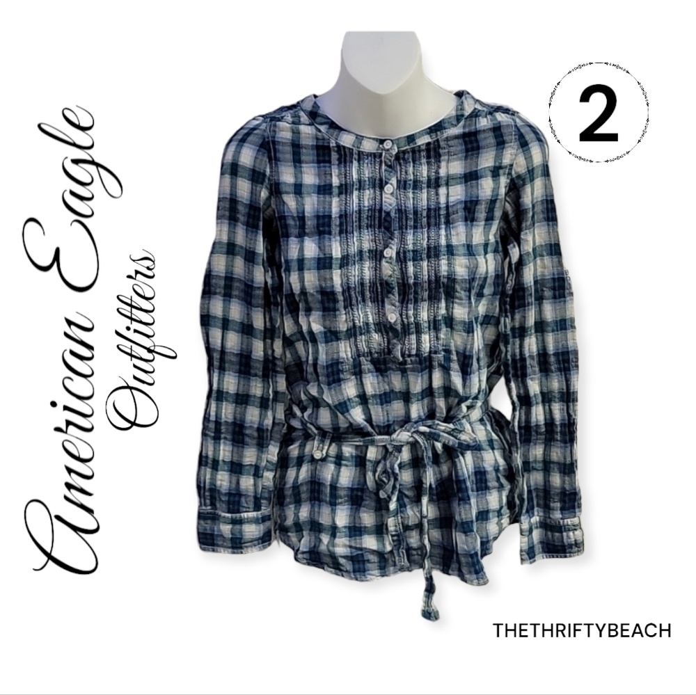 Vintage American Eagle Plaid Long Sleeve Bib Pleat Tunic Shirt Size 2